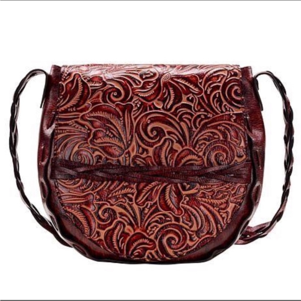 Tooled Leather Burgundy Saddlebag Braided Purse by Patricia Nash